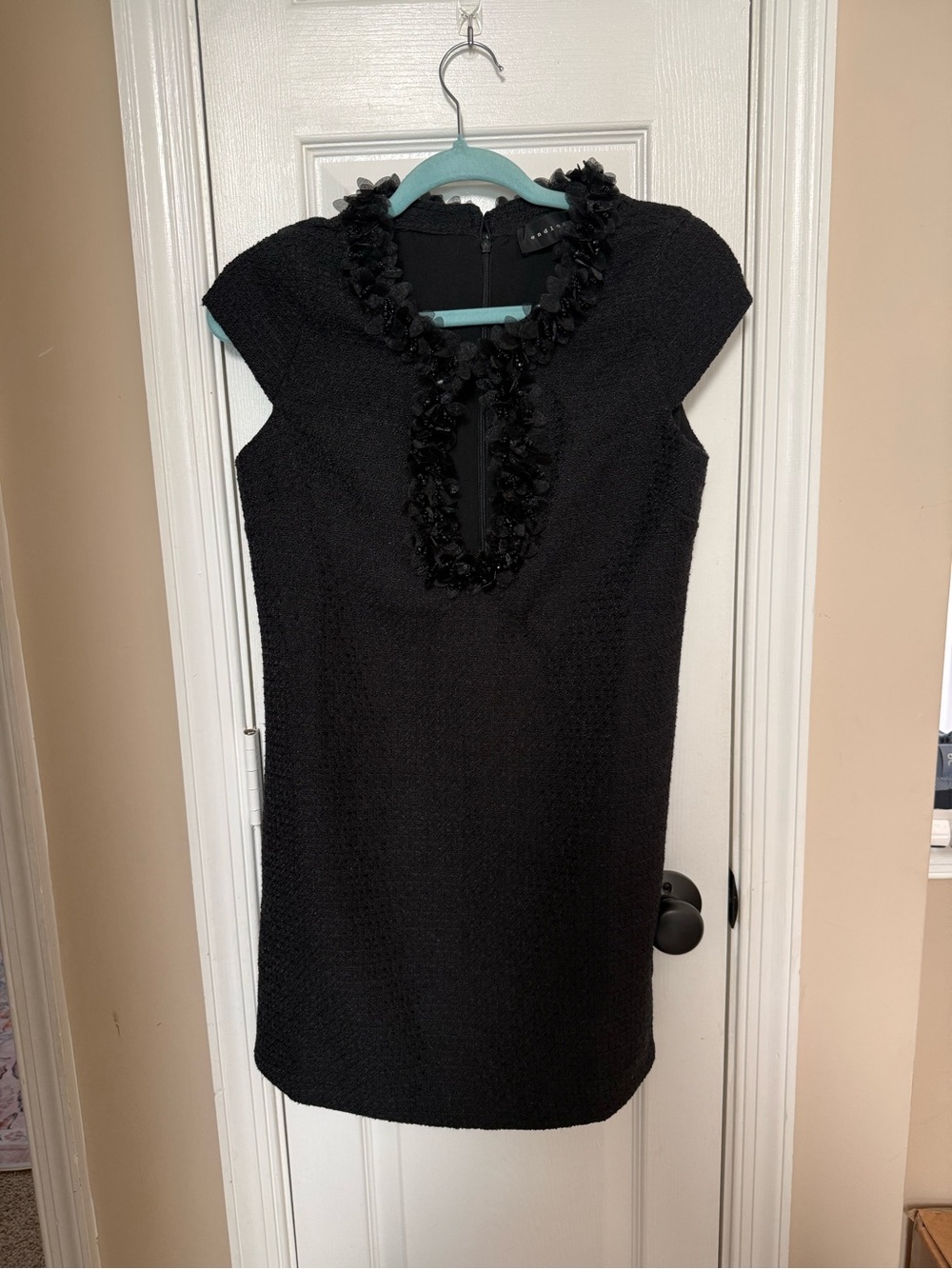 Endless Rose Black Cap-Sleeve Textured Dress with Floral Trim